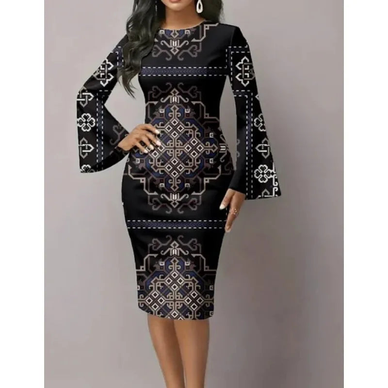 Elegant Night Out Dress Black White Graphic Print Bodycon Midi Dress with Dramatic Flare Sleeves Modern Dress for City Night Out