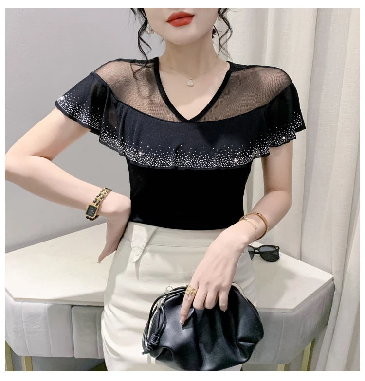 Real Photos Summer Tops Girl Patched Ruffles Mesh V Neck Short Sleeve T Shirt Women Fashion Tees Tshirts Beach Clothing