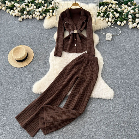 Pant Set Women Two Piece Sets Turn Down Collar Full Sleeve Tops Wide Leg Long Pants High Elastic Waist Y2k Streetwear Elegant