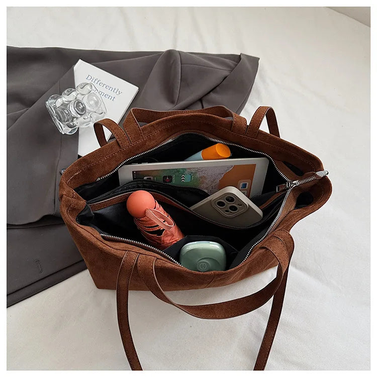 Large Capacity Tote Women Bag Retro Faux Suede Shoulder Bag Quitting Designer Bags for Women Handbag Commuting Shopper Purses
