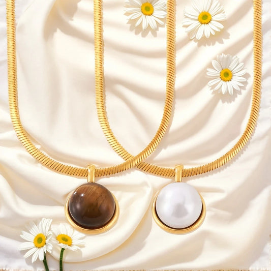 Women's Necklace with Retro Style Pearl Natural Stone Pendant Titanium Steel Lock Chain Fashionable Jewelry Accessories