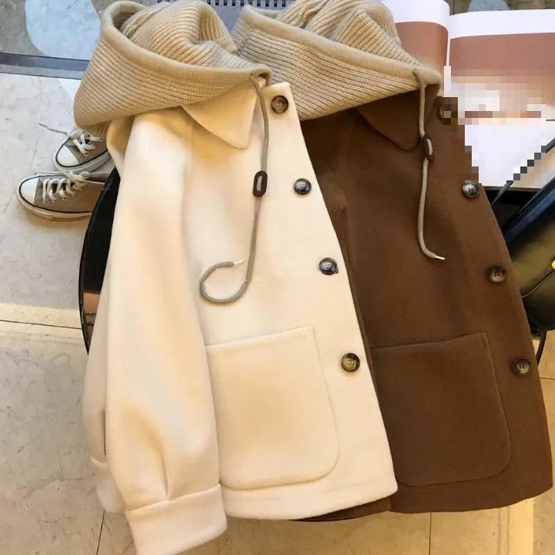 New Wool Coat for Women in Autumn and Winter High-end Knitted Hooded Fake Two-piece Thick Top