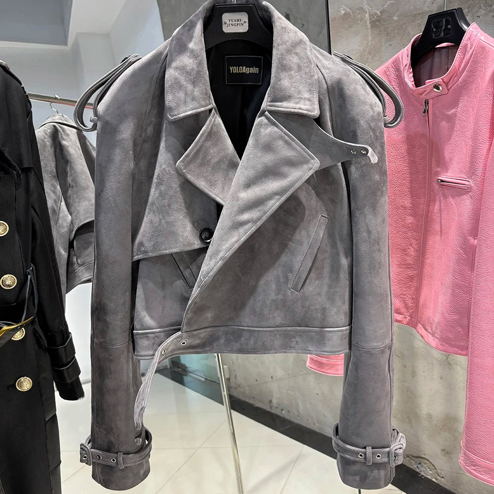 YOLOAgain Burgundy Suede Jacket Women Genuine Sheepskin Leather Jacket Coat