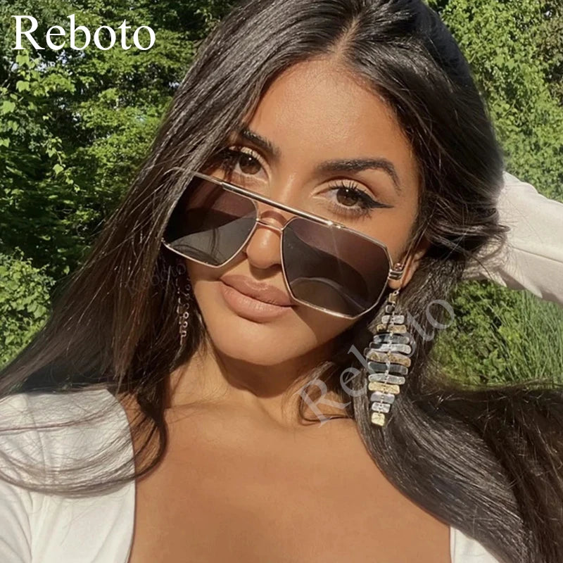 High Quality Square Polarized Sunglasses For Women Retro Oversized Double Bridge Sun Glasses Men Luxury Big Metal Goggle Shades