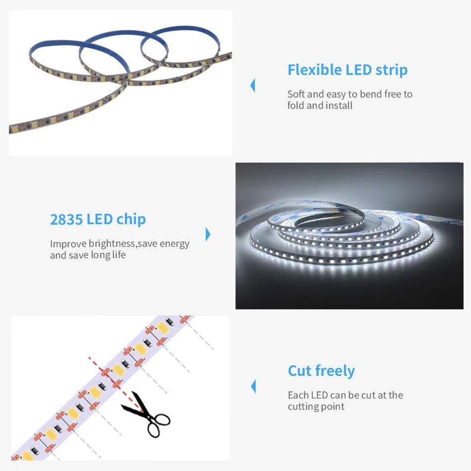 2835 LED Strip light 24V 120LEDs/m 1 LED Cut Super Bright  5mm 8mm PCB Flexible Tape LED Light  White/Natural White 1-10M