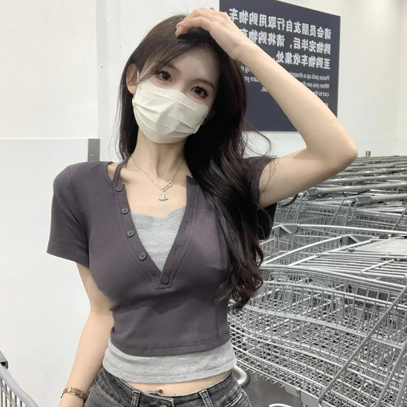 Summer Women Sexy Club Bodycon Tops Lady Hanging Neck Crop Short Sleeved T-shirts Female Fashion Comfortable Black Gray Clothes