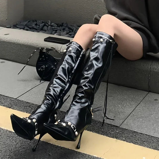 New Women Knight High Boots Fashion Tassels Side Zippers Ladies Elegant Pointed Toe Long Booties Women's Footwear