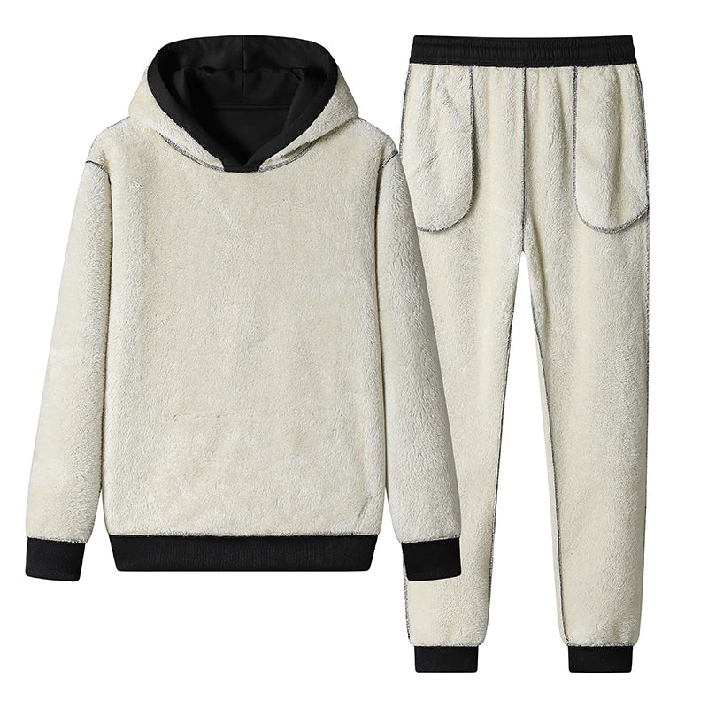 Winter Lambswool Men's Sets Thickened Fleece Sweatshirt Suit Men's Two-piece Hooded Tracksuit Men Sweatshirts Eu Sizes XS-2XL