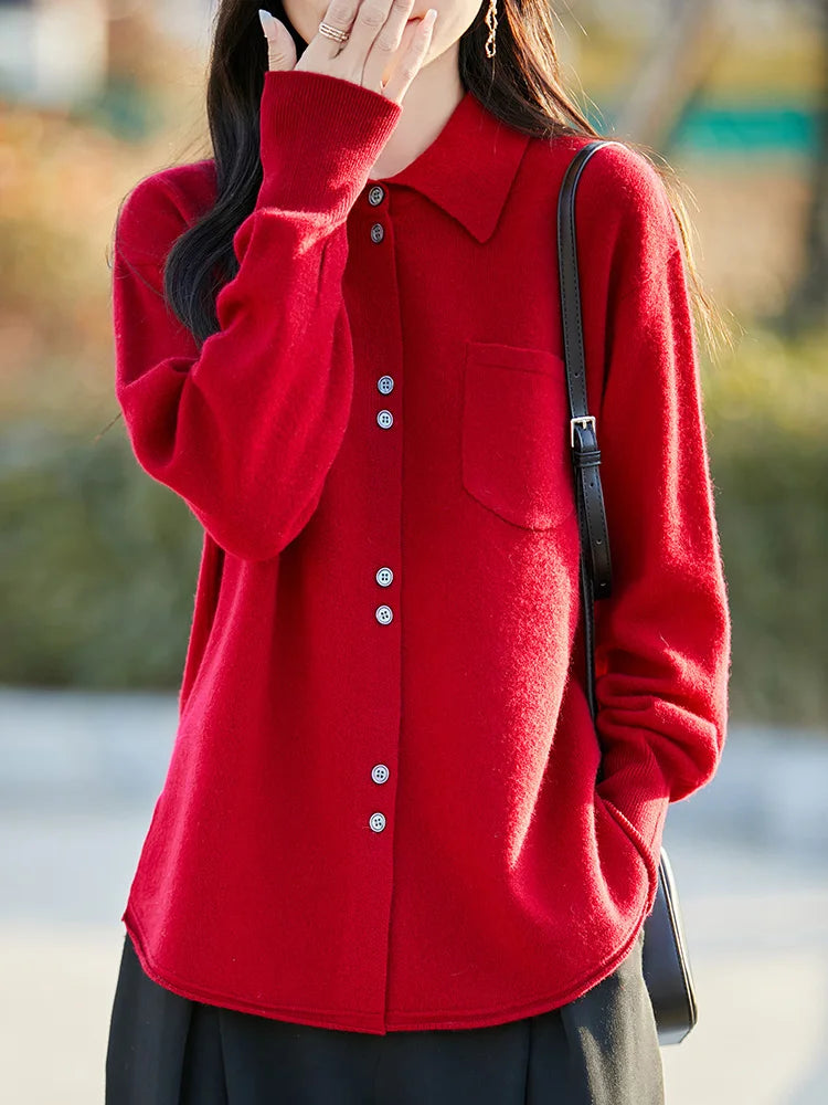 POLO Collar Wool Sweater 100 Pure Wool Spring And Autumn New Knitted Women Loose And Slimming Cardigan ZA682