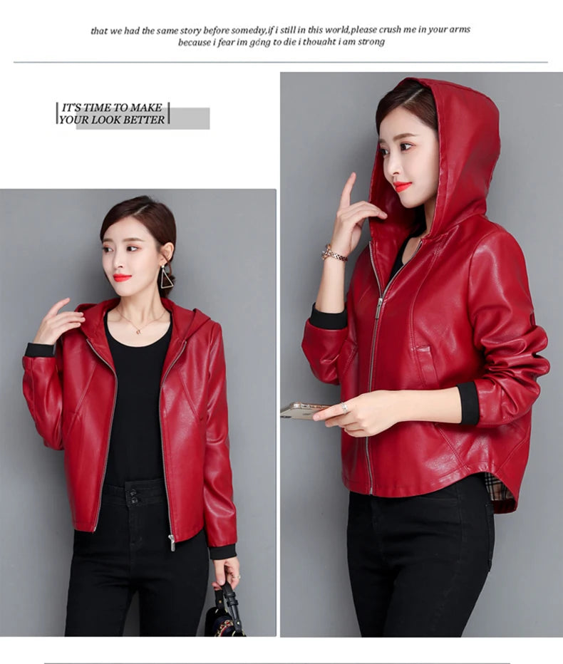 New Women Casual Leather Jacket Spring Autumn Fashion Hooded Zipper Split Leather Loose Outerwear Short Sheepskin Tops Coat