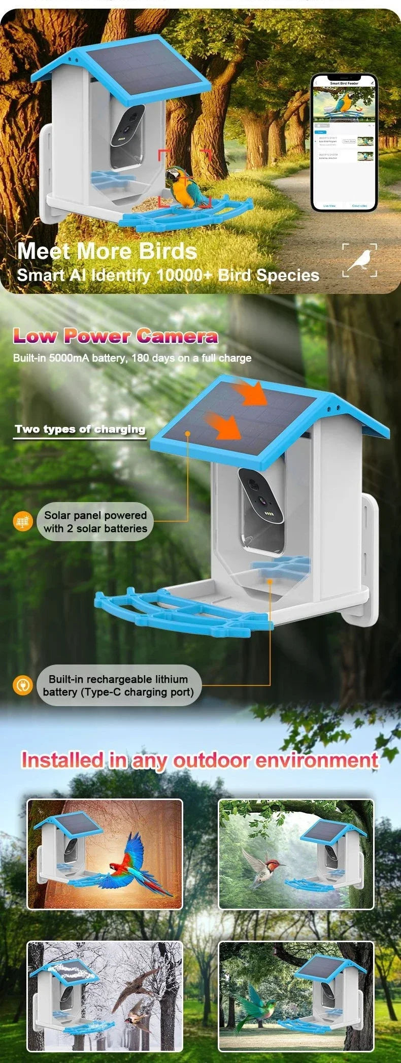 2.4G WiFi Smart Bird Feeder with Camera 2.4K Screen Solar Low Power Night Vision IP66 Waterproof 4G or WIFI Connected Feeder