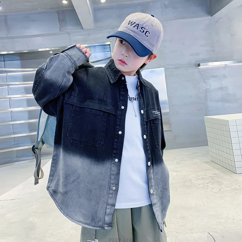 Kids Long Sleeve Shirt Clothes Denim Gradient Color Blouses Clothing Teenager Boys Fashion Streetwear Outfits Age 5 7 9 11 13 14