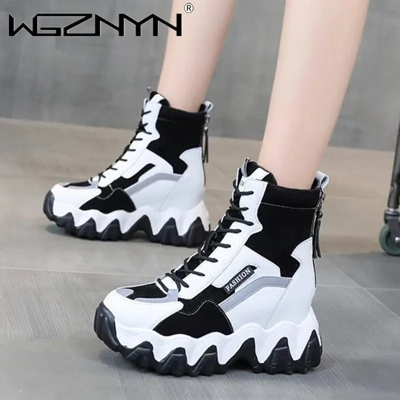 2025 Women Thick Sole Ankle Boots Autumn Luxury Platform Casual Boots Women's 8cm High Heels Wedge Boots Shoes Woman Sneakers