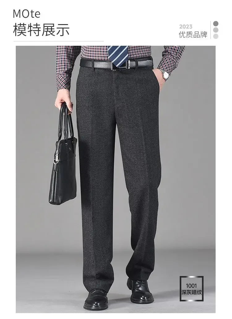 Vintage Autumn Winter Thicken Wool Fleece Suit Pants Men Middle Age High Waist Straight Loose Business Casual Straight Trousers