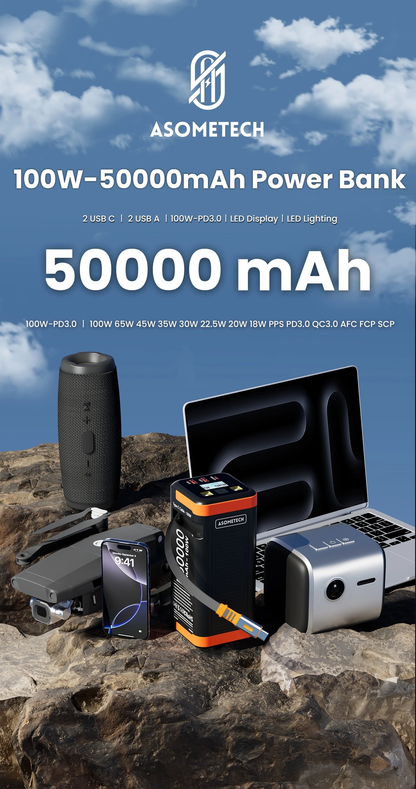 Power Bank 50000mAh 100W PD PPS Super Fast Charging Portable Spare Battery Type-C Retractable Cable Powerbank For Phone Laptop