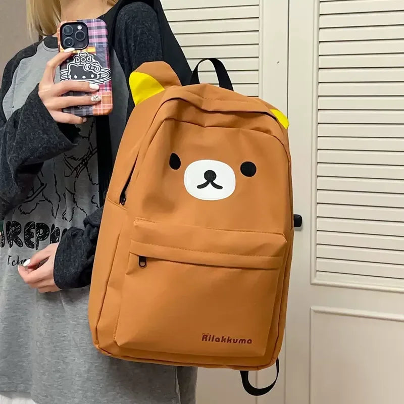 Rilakkuma Kawaii Cartoon Backpack Waterproof Nylon Large Capacity Embroidery School Bag For Young Adult Daily Travel Campus Work
