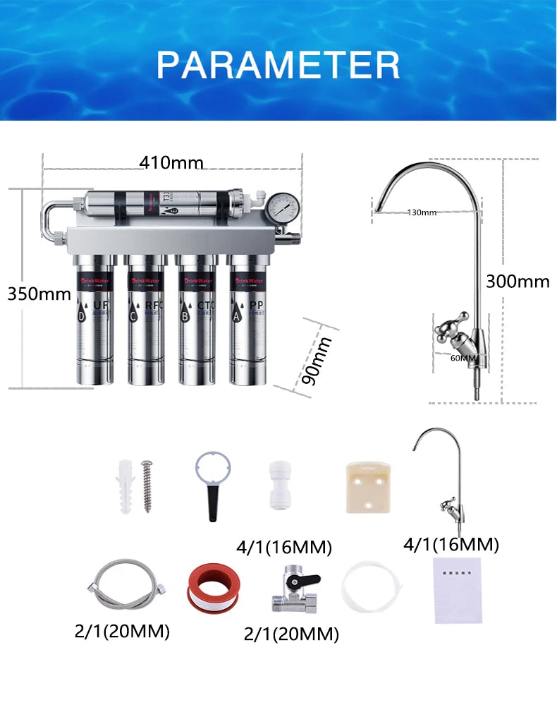 Household Kitchen Ultrafiltration  Water Purifier With Tap Stainless Steel Direct Drink Tap Water Purifier Water Filter System