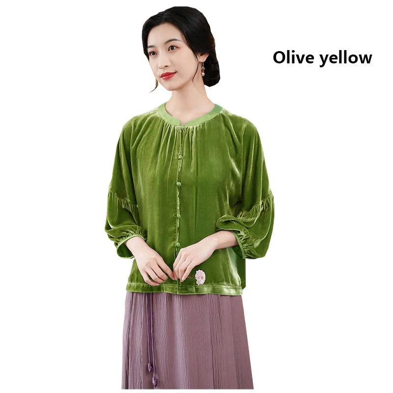 Silk Velvet Shirt for Women, Elegant Temperament Shirt, Mulberry Silk, Vintage Blouse, Violet Light, Comfortable, Spring Autumn
