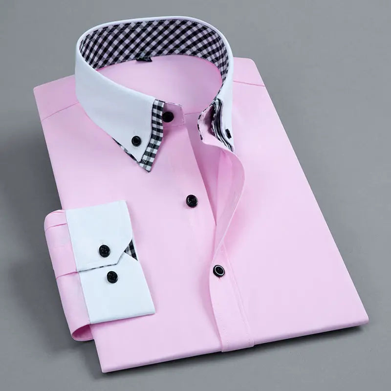 Men's Long Sleeve Dress Shirt Non Iron Double Layer Business Formal Regular Fit Office Camisa Fashion White Blue Social Shirts