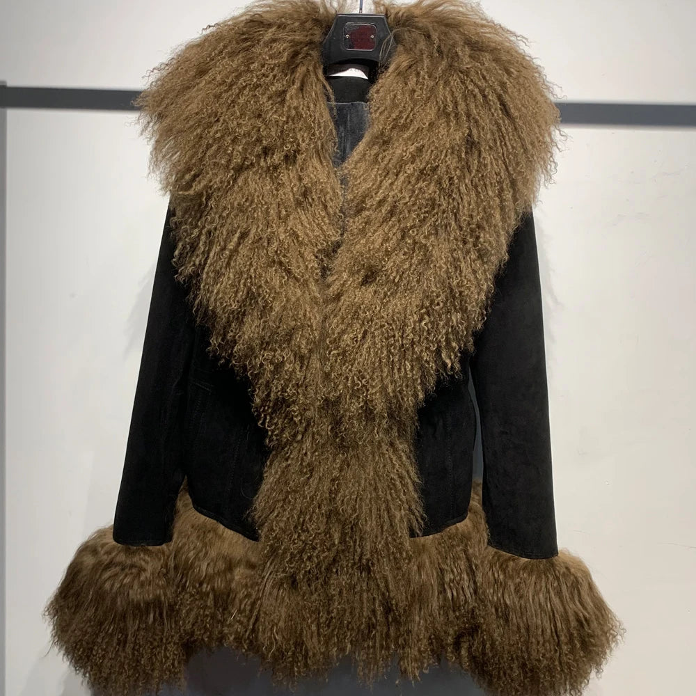 Sheep Collar Coats Women Winter Luxury Mongolian Fur Leather Jackets with Long Sleeve 7251