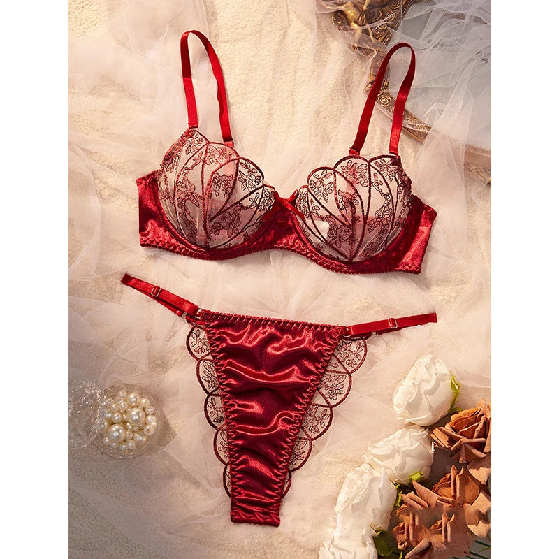 Lingerie Ultra Sexy Mesh Splicing Female Underwear Romantic Erotic Lingerie Luxury Intimate Sexy Adult Burgundy Bra Panties Sets