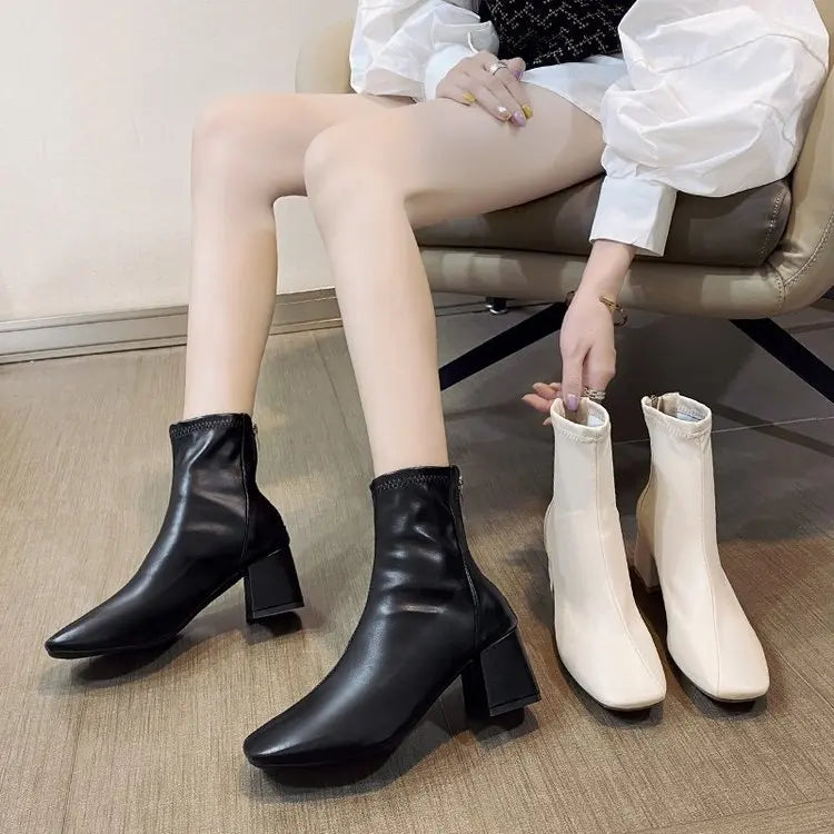 Ladies Bla High Heel ort Boots Spring Autumn Briti Sle Square Head  Boots Faionable Waterproof PU Leather