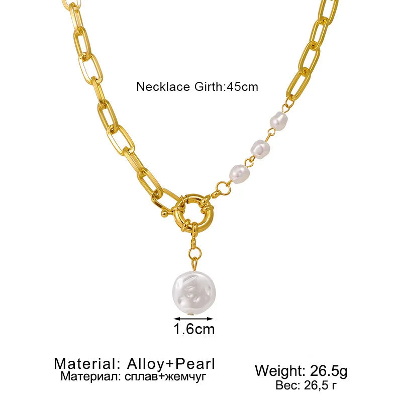 Trendy Elegant Baroque Pearl necklace for Women Charm Stainless Steel Beaded Chain Pendants Wedding Bridal Jewelry Party Gift