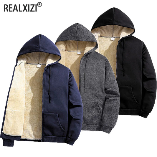 Men's Winter Lambswool Jackets Plus Size Zipper Hoodies Winter Warm Coats Long Sleeved Jacket Casual Coat Tops Clothing
