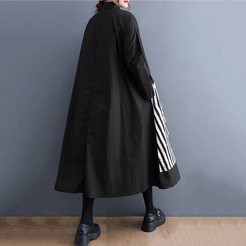 Long Sleeve Patchwork Vintage Print Dresses For Women Loose Casual Midi Dress Robe Fashion Elegant Clothing Spring Autumn 2025
