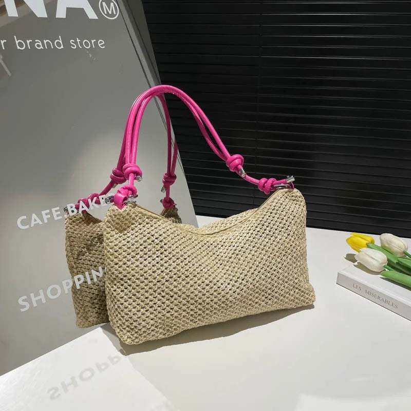 Women Woven Bag Summer Beach Holiday Handbag Portable Tote Bag Fashion Casual Big Capacity Leather Rope Women Shoulder Bags