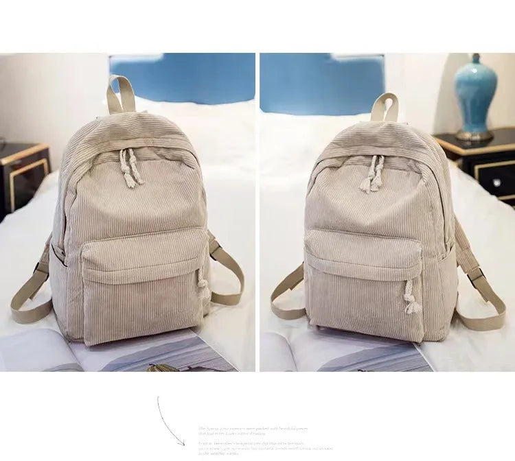 Corduroy Backpack, Academy Fashion School Bags for Middle/High School & College, Cute Tassel Detail, Versatile Casual Daily Bag