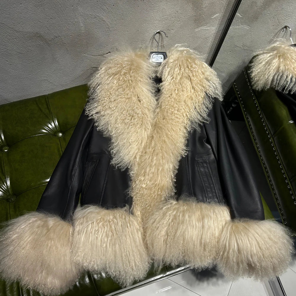 Black Suede Mongolian Sheep Fur Coat Women Fur Jacket with Long Sleeve New arrival Winter Real Fur Coat