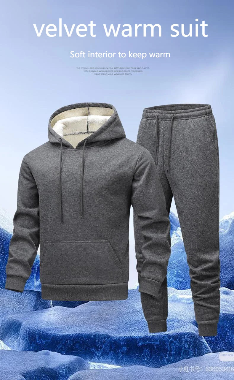 Winter Lambswool Men's Sets Thickened Fleece Sweatshirt Suit Men's Two-piece Hooded Tracksuit Men Sweatshirts Eu Sizes XS-2XL