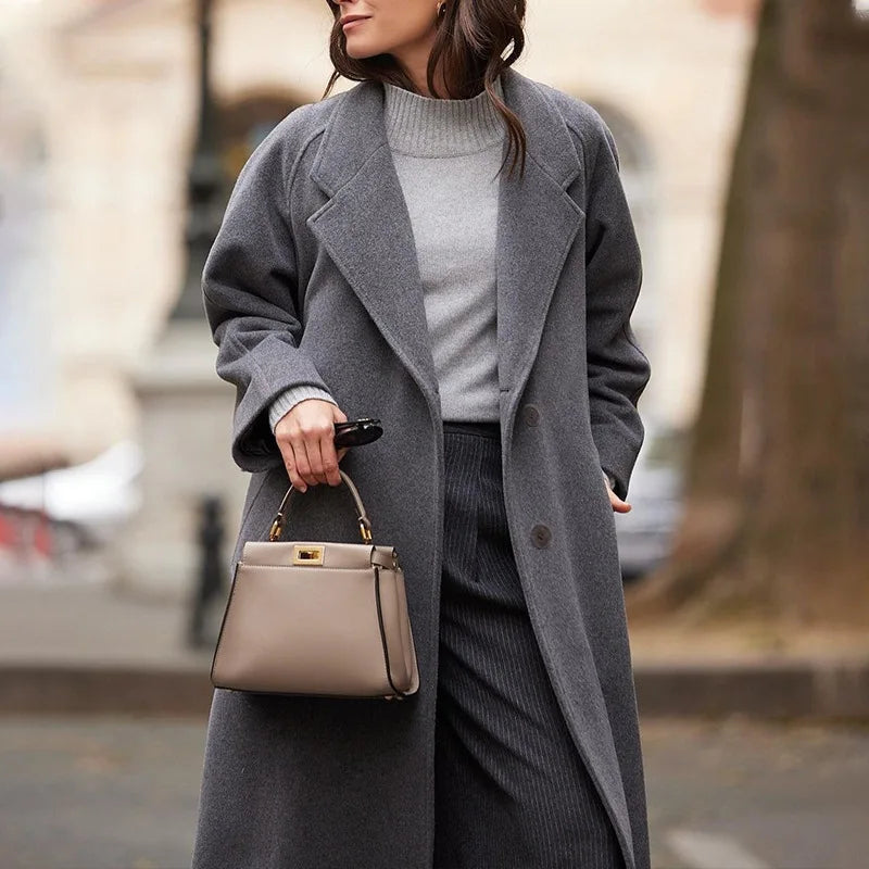 Thick Solid Wool Jackets Women Single Breasted Full Sleeve Coats Casual Warm Turn Down Collar Long Blends Office Lady Autumn