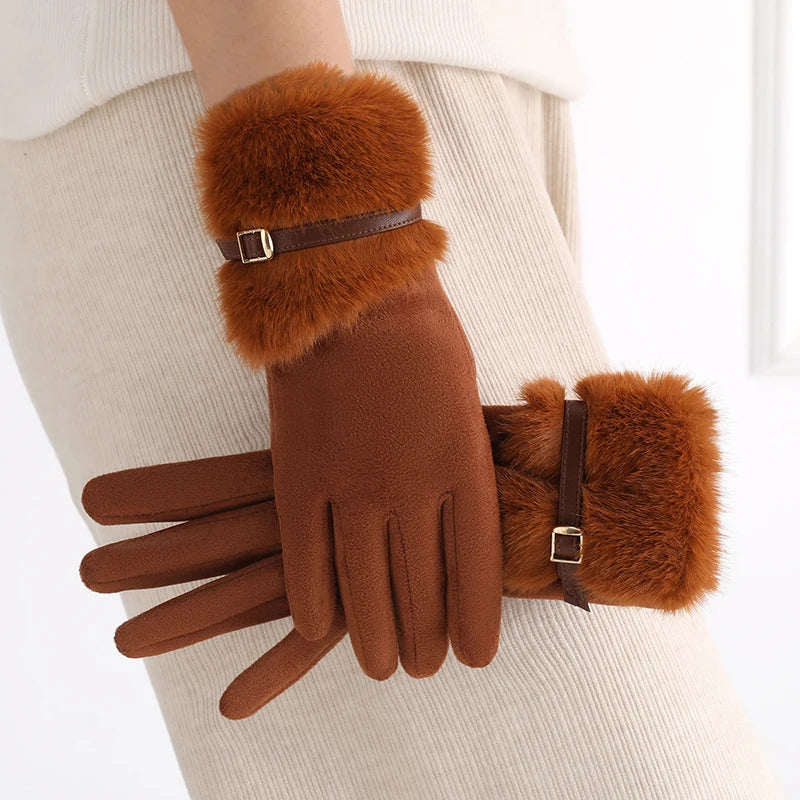 Women's Winter Gloves with Fleece Lining, Warm, Windproof, Cold-Resistant, Plush Decoration, Touchscreen Compatible, Suitable for Driving and Cycling, 1 Pair