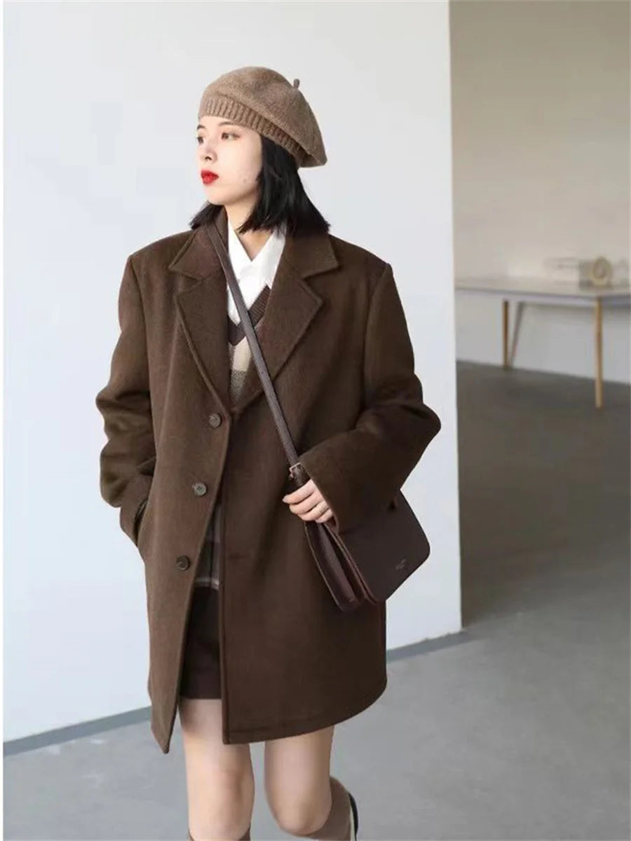 Korean Warm Mid Length Woolen Suit Coat Thick V Neck Women New Loose Parkas Winter Single Breasted Wool Blend Jackets Casaco