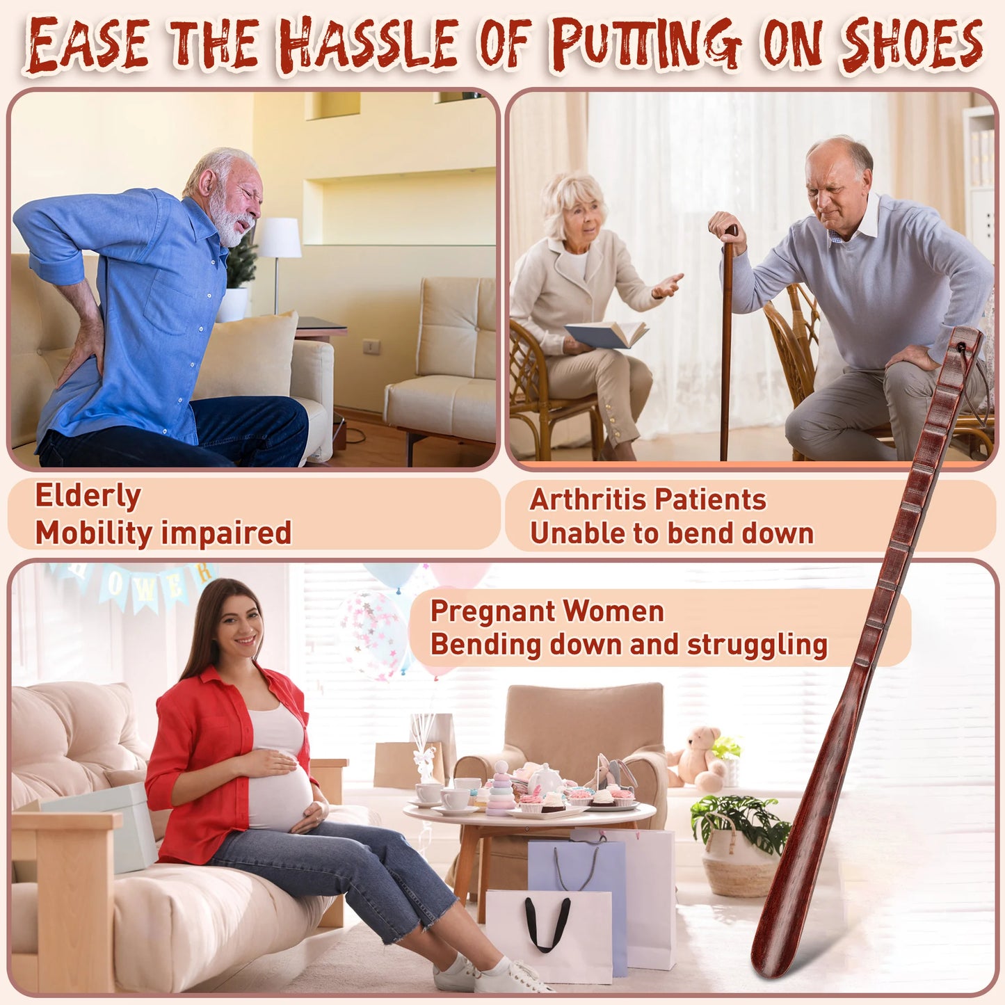 55cm Long Wooden Shoe Horn, Smooth Burr-Free Shoe Horn with Lanyard, High-Quality Wood Shoe Helper for Men Women Seniors,Durable