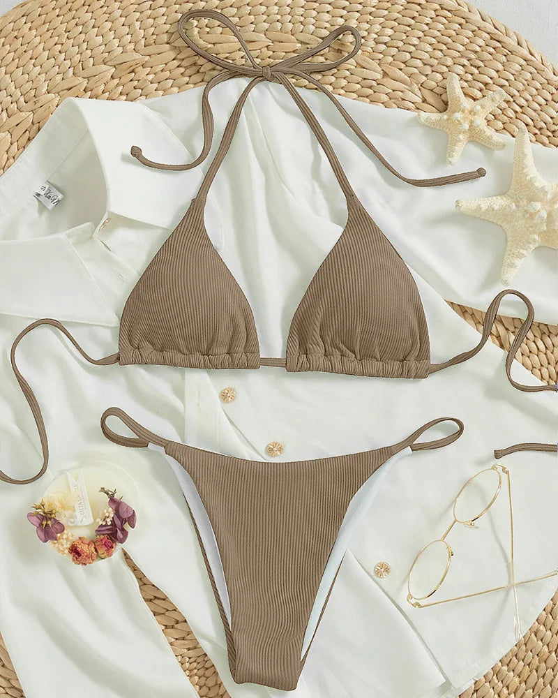Bathing Suit Women Sexy Solid Halter Swimsuit Special Stripe Fabric Bikini Set Drawstring Lace Up Two-piece Split Beach Biquini