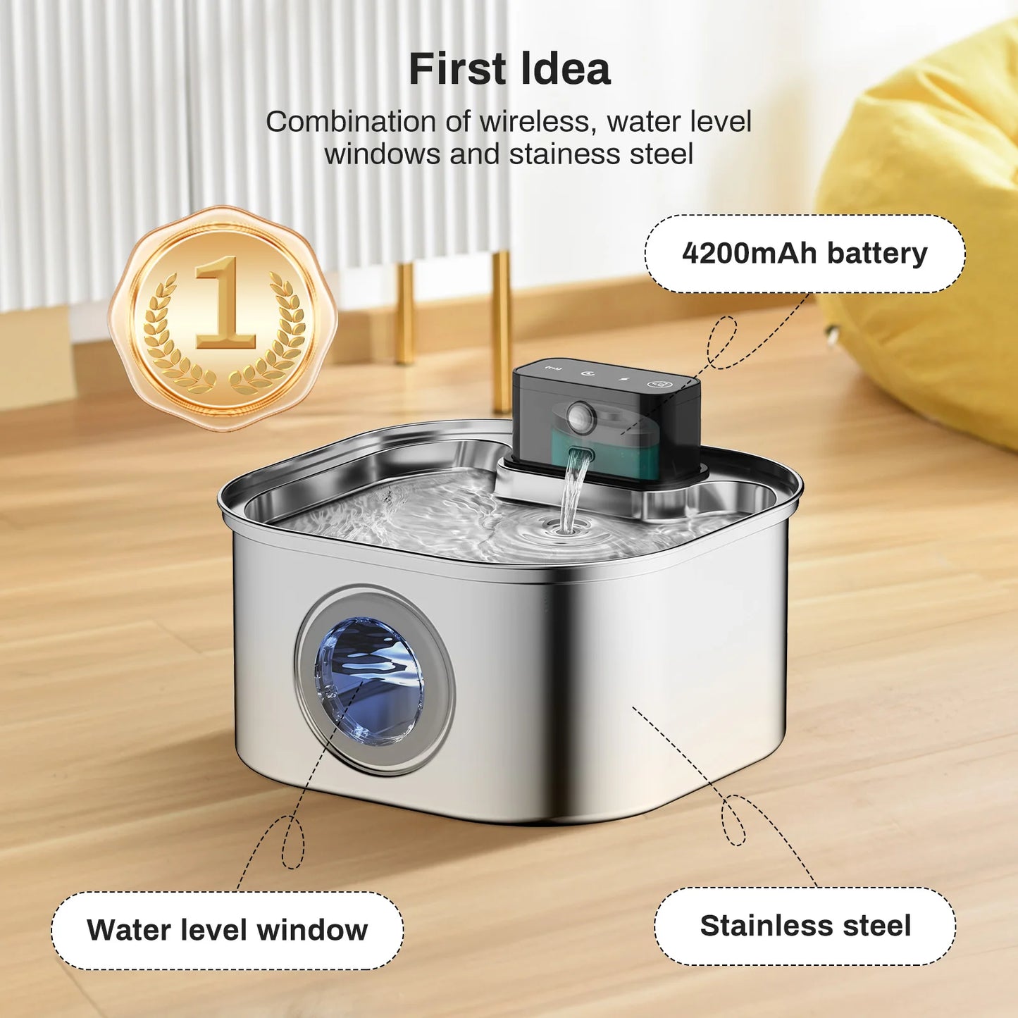 3.2L Automatic Stainless Steel Cat Water Fountain 4000mAh Wireless Pet Drinker Battery & Sensor 2 in 1 Dispenser