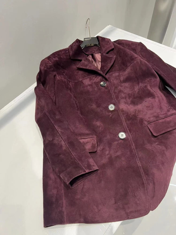 French High-end Western-style Leather Jacket for Women 2025 New Color Purple Red Oversized Casual Kid Suede Suit Blazer Outwears