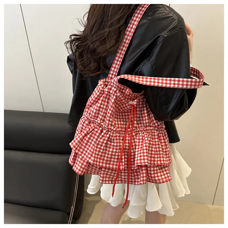 Women's Tote Bag Ruffles Plaid Drawstring Handbag Women Fashion Canvas Shoulder Bags	Large Capacity Korean Bags Bolsos De Mujer