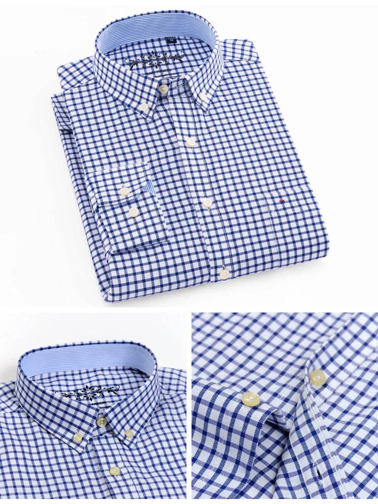 Men's Fashion Long Sleeve Oxford Work Shirt Single Patch Pocket Simple Design Embroidered Regular-fit Casual Button-down Shirts