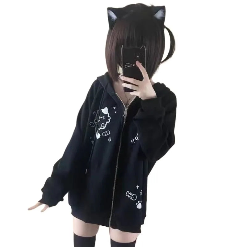 Spring Autumn Jackets Cute Cats Print Zip Up Hoodie Women Streetwear Sweatshirt Y2k Tops Cartoon Japanese Coat Grunge Black Gray