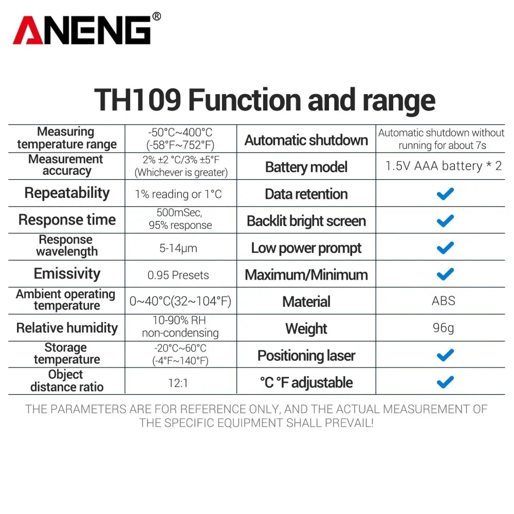 ANENG TH109 Thermometer IR Infrared Laser Industrial Temperature Measure Tester Non-Contact Thermometer Pyrometer Meter Tools