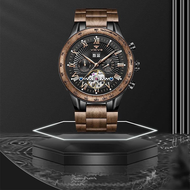 VICVS Walnut Men's Mechanical Watch for Him, Wooden Watches, Best Man Watches, Boyfriend Gifts, Dad Gifts Mechanical Watches