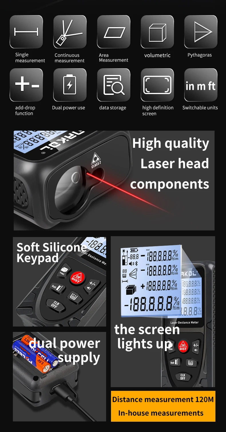 Snakol Laser Distance Meter 50m 70m 100m 120m Digital Range Finder Rechargeable Rangefinder Laser Tape Measure Electronic Ruler