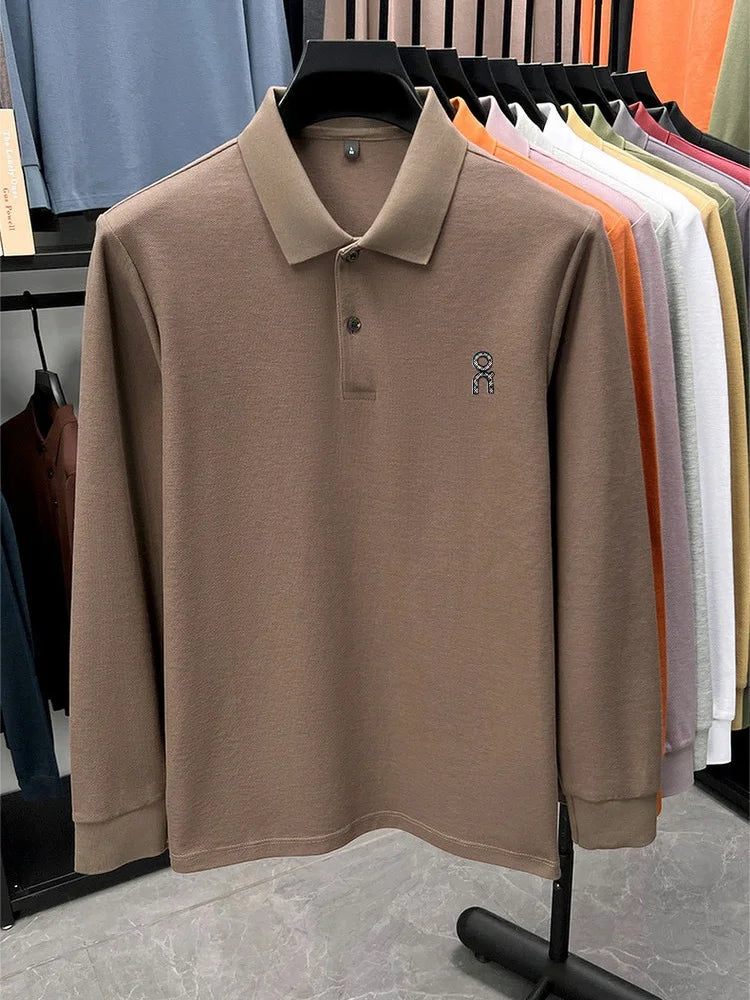 100% pure cotton polo shirt long sleeved men's brand fashionable embossed T-shirt sports breathable spring autumn casual new top