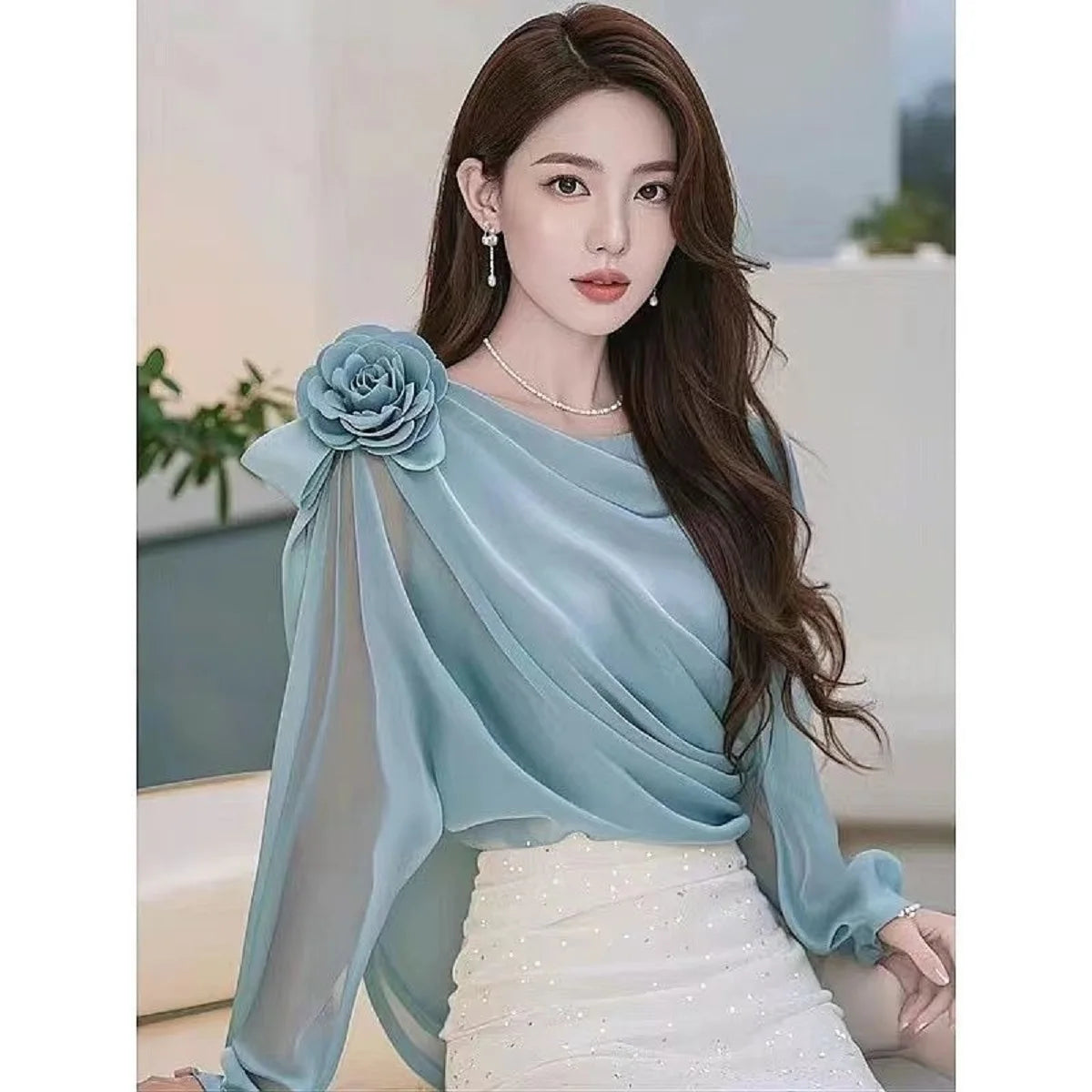 Women tops  Summer Halter Floral Appliques long sleeve  Work Shirts Blouses korean fashion  female  Dressy Casual clothing