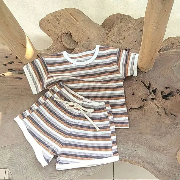 Comfortable Baby Clothes Set  Boys Simplicity Stripe Round Neck T-shirt +  Striped Shorts  breathable casual girl short sleeved