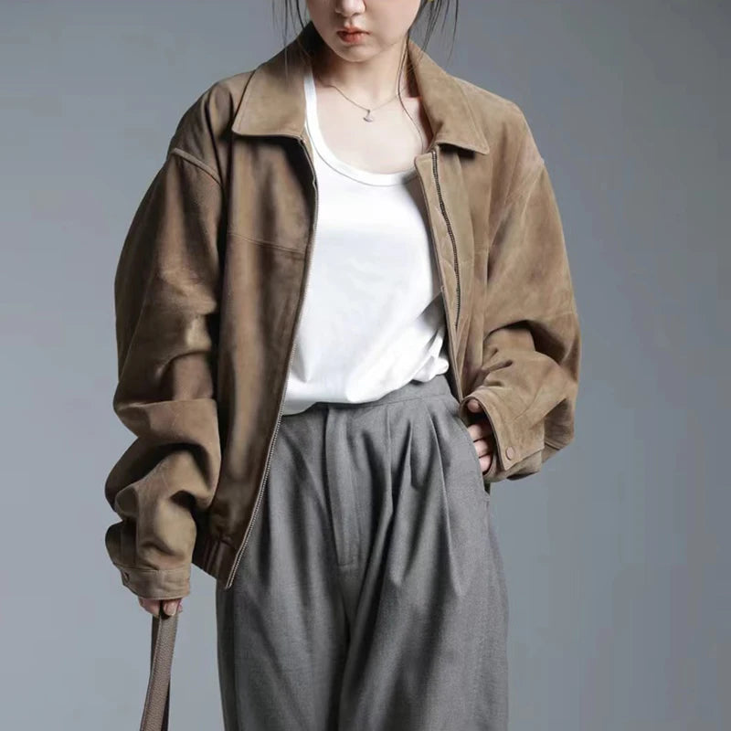 Suede Jacket Women Silky Soft Lambskin Retro Old Money Style Wide Shoulder Casual Baseball Leather Coat Chaqueta Ante Real Mujer
